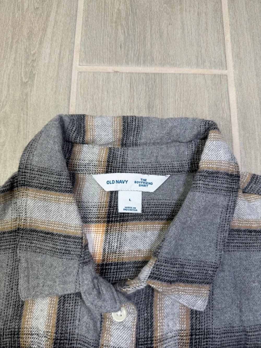 Old Navy Gray Plaid Boyfriend Shirt with Cream and Tan Stripes - Picture 2 of 8
